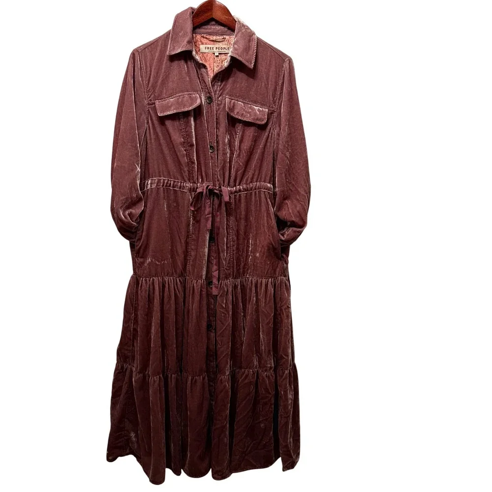 NWT Free People Bella Donna Maxi Duster Coat Mauve Velvet Tiered Pockets Small
